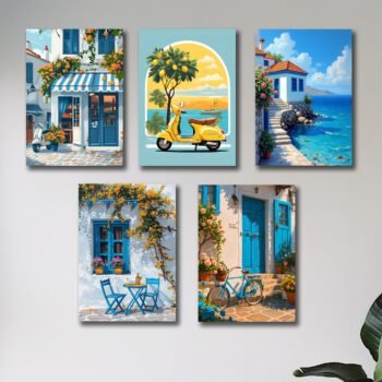 set of 5 italian vintage homes art themed wall art wooden sticky Phototile