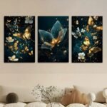 Butterfly Floral Wall Art – 3-Piece 8x11” Wooden Sticky Tile Panels