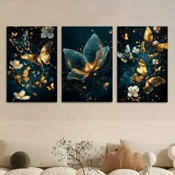 Butterfly Floral Wall Art – 3-Piece 8x11” Wooden Sticky Tile Panels