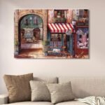 Romantic European Café Wall Art Canvas| Large Landscape Wall Decor - 12x16 Inches